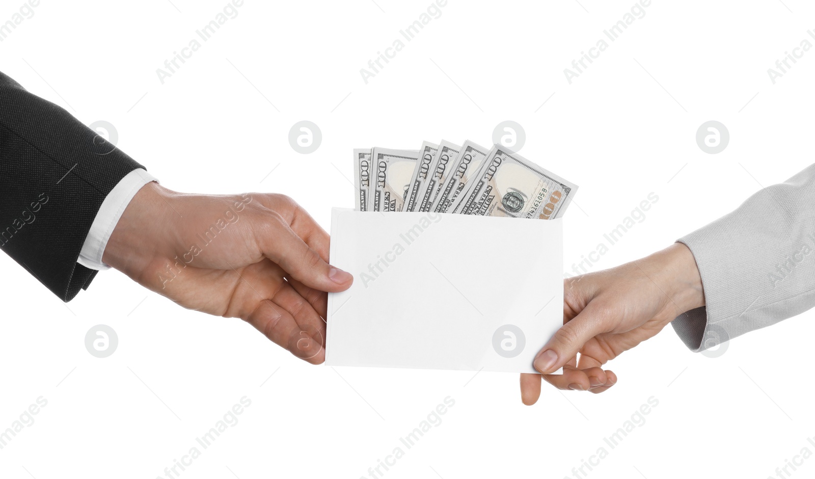 Photo of Money exchange. Man giving envelope with dollar banknotes to woman on white background, closeup