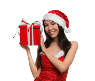 Photo of Beautiful Asian woman in Santa costume with Christmas gift on white background