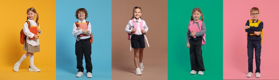 Happy schoolchildren with backpacks on color backgrounds, set of photos