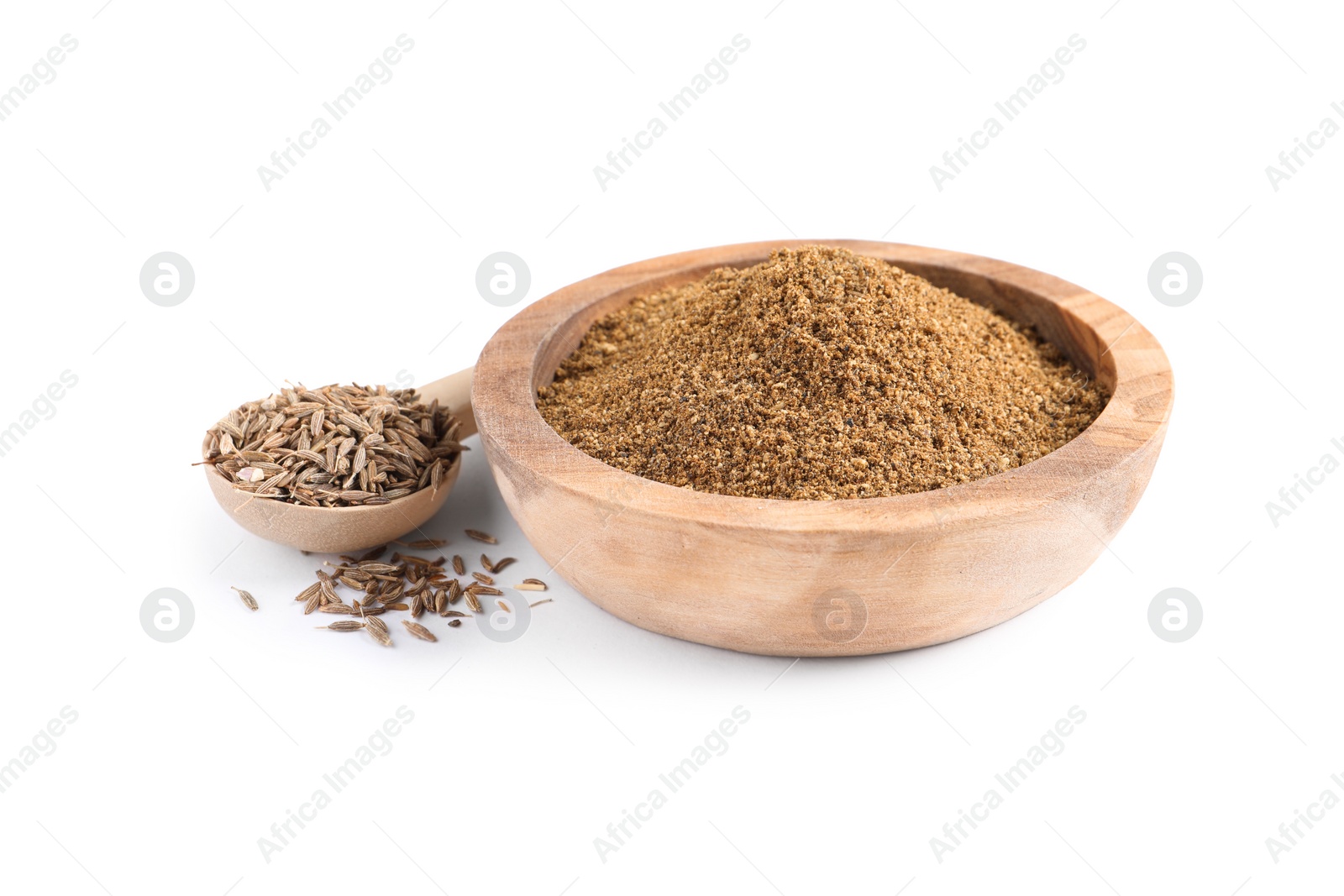 Photo of Bowl of aromatic caraway (Persian cumin) powder and spoon with seeds isolated on white