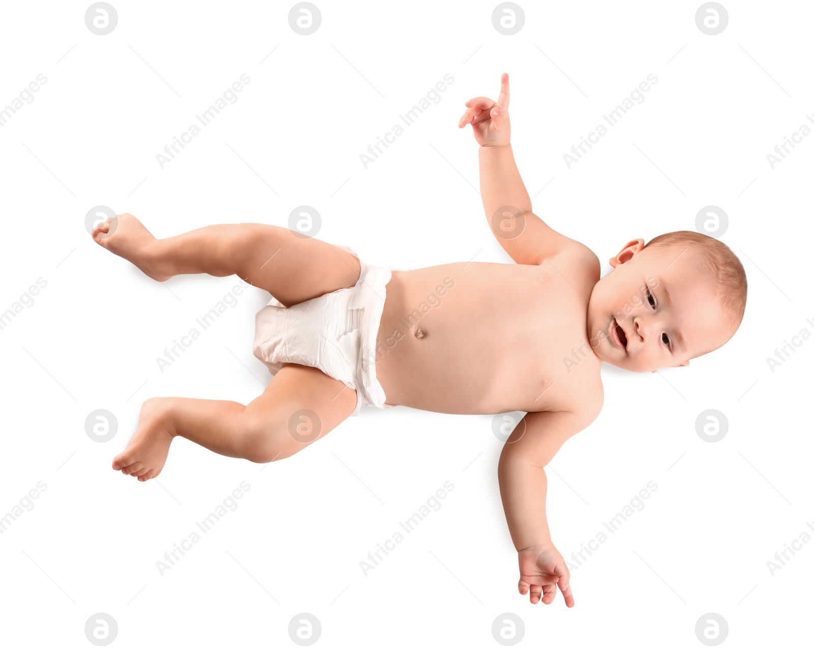 Photo of Cute little baby on white background, top view