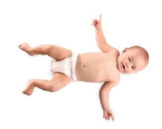 Photo of Cute little baby on white background, top view