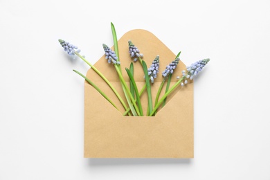 Envelope with beautiful spring muscari flowers on light background, top view