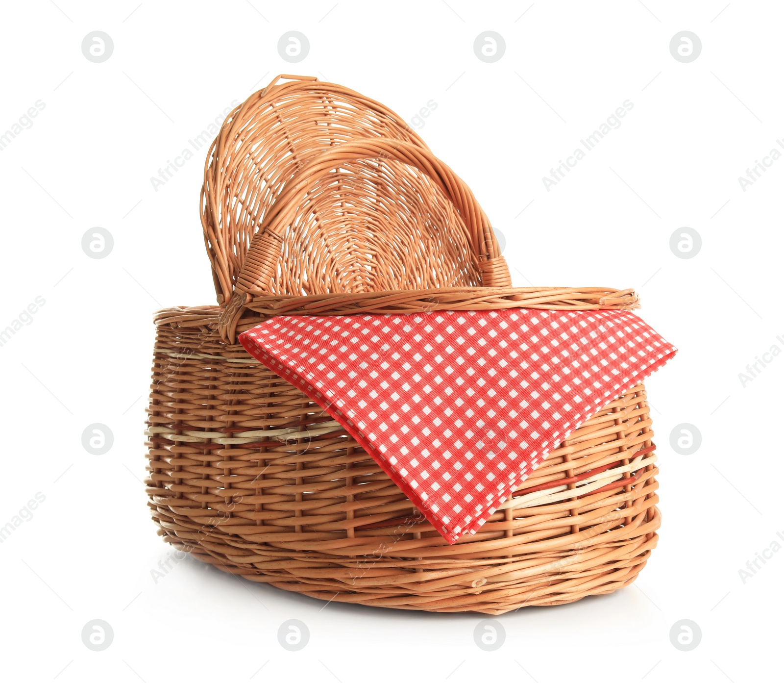 Photo of Empty picnic basket with checkered cloth isolated on white