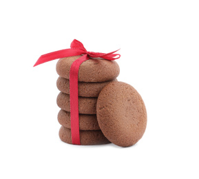 Tasty homemade chocolate cookies on white background