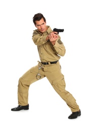 Male security guard in uniform with gun on white background