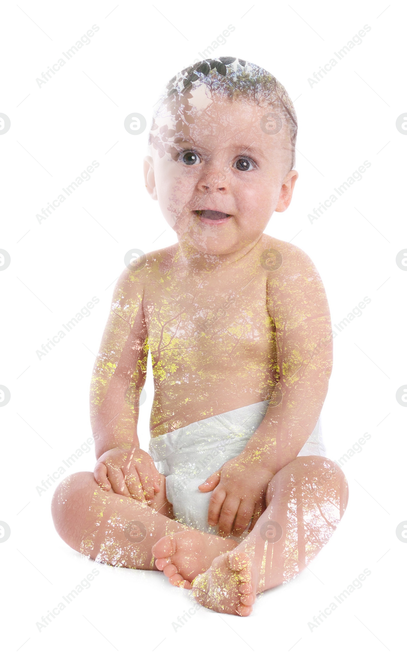 Image of Double exposure of cute little child and green trees on white background