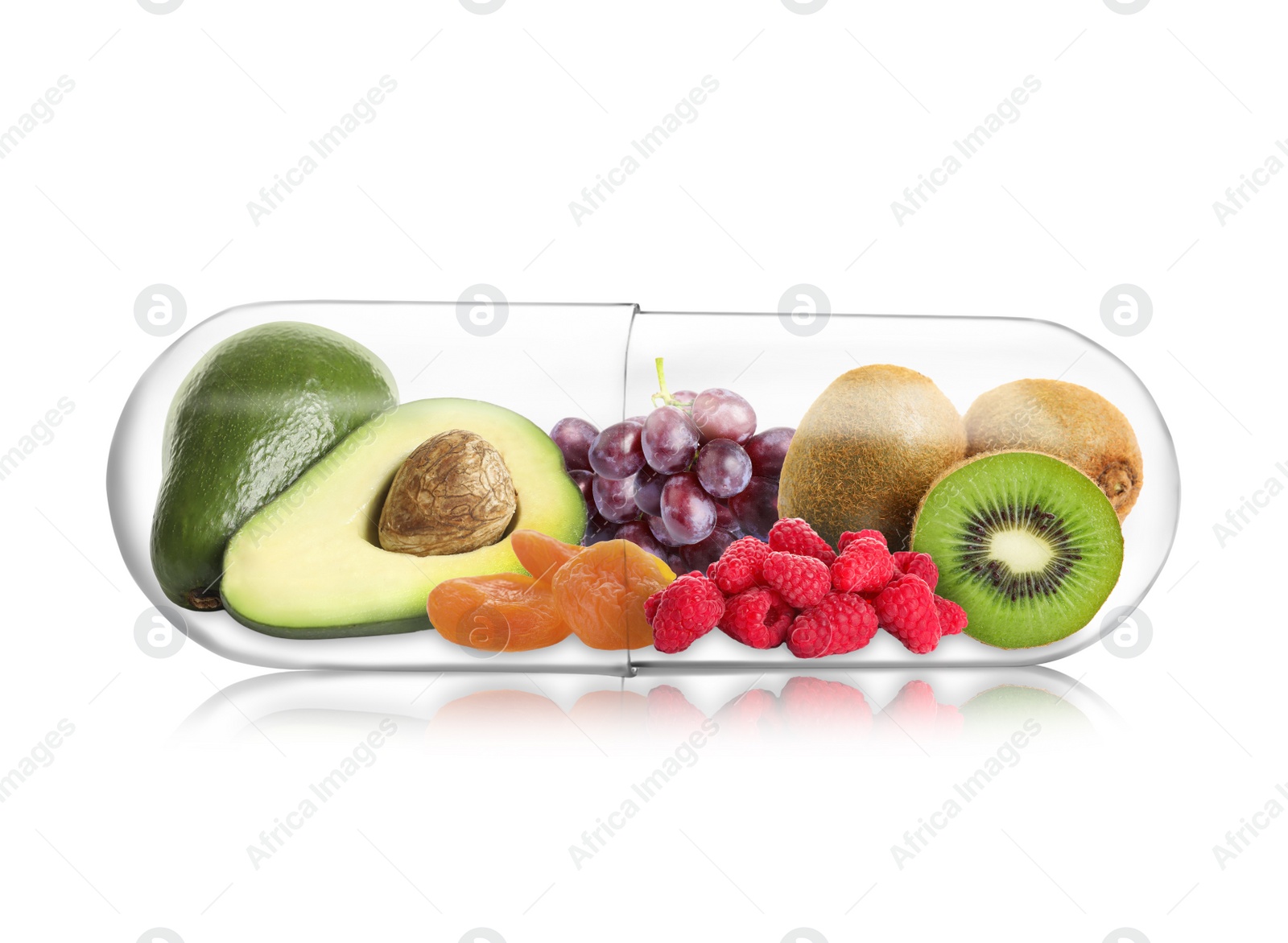 Image of Transparent capsule with different fruits and berries rich in vitamins on white background