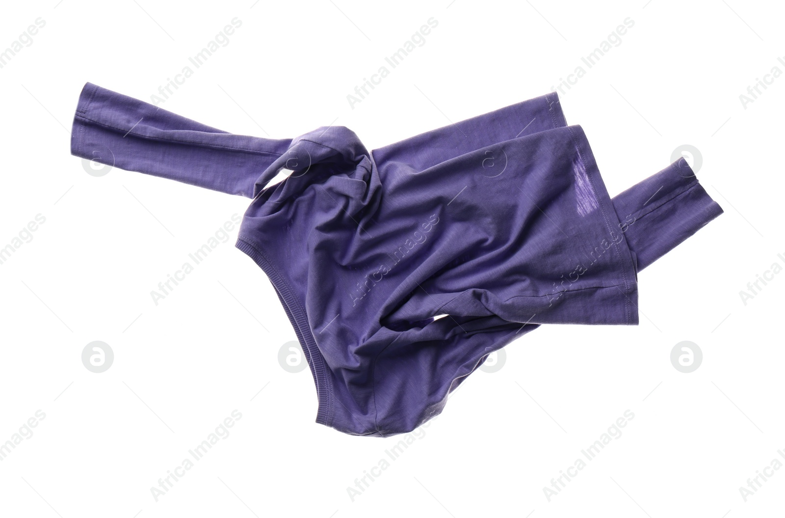 Photo of Rumpled purple shirt isolated on white. Messy clothes