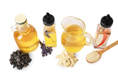 Different cooking oils and ingredients on white background