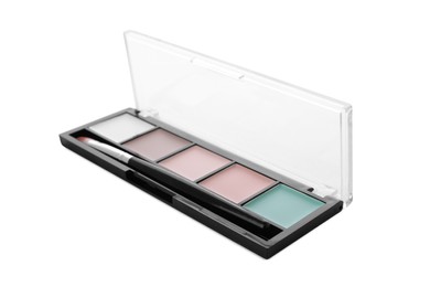 Photo of Colorful contouring palette with brush on white background. Professional cosmetic product