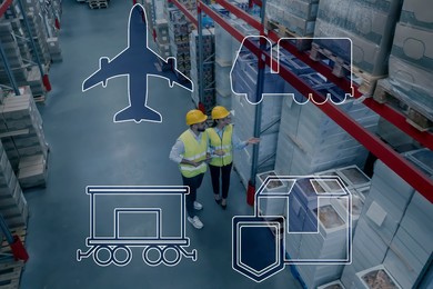 Image of Illustration of shipping icons and workers at warehouse, above view. Logistics center