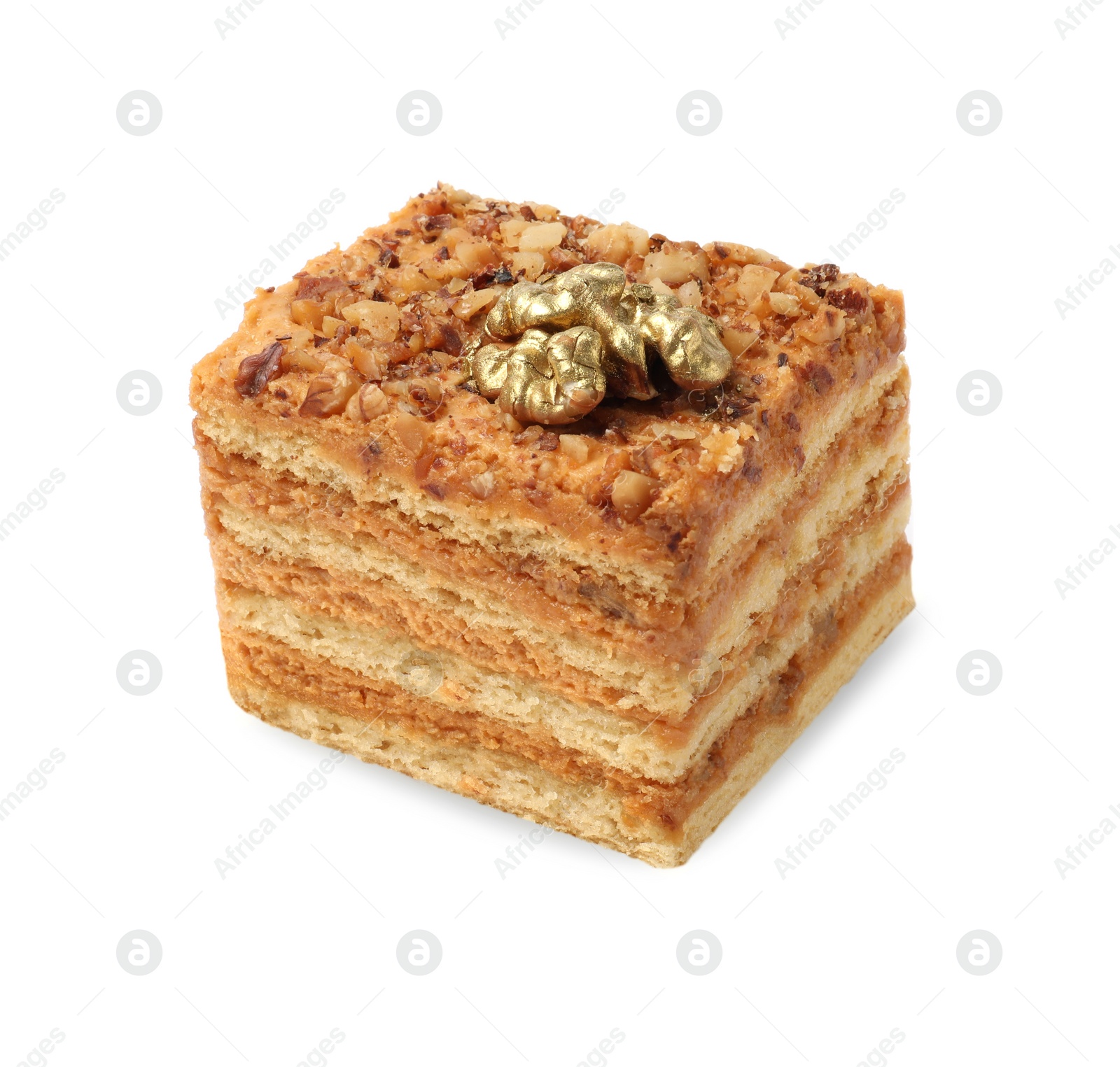 Photo of Piece of delicious layered honey cake on white background