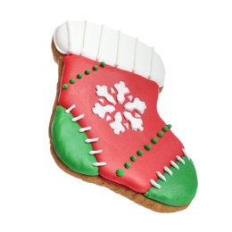 Photo of Christmas cookie in shape of stocking isolated on white