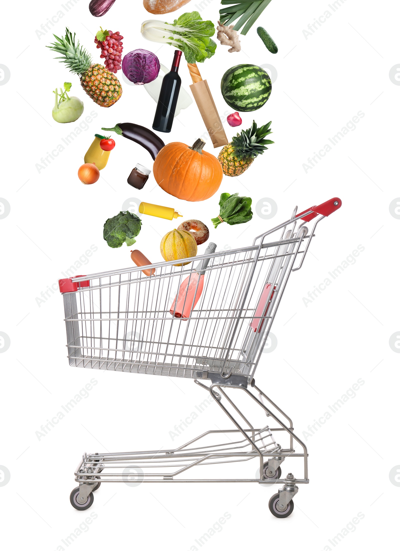 Image of Market assortment. Different products falling into shopping cart on white background