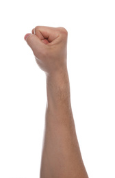 Photo of Man with raised fist against white background, closeup of hand