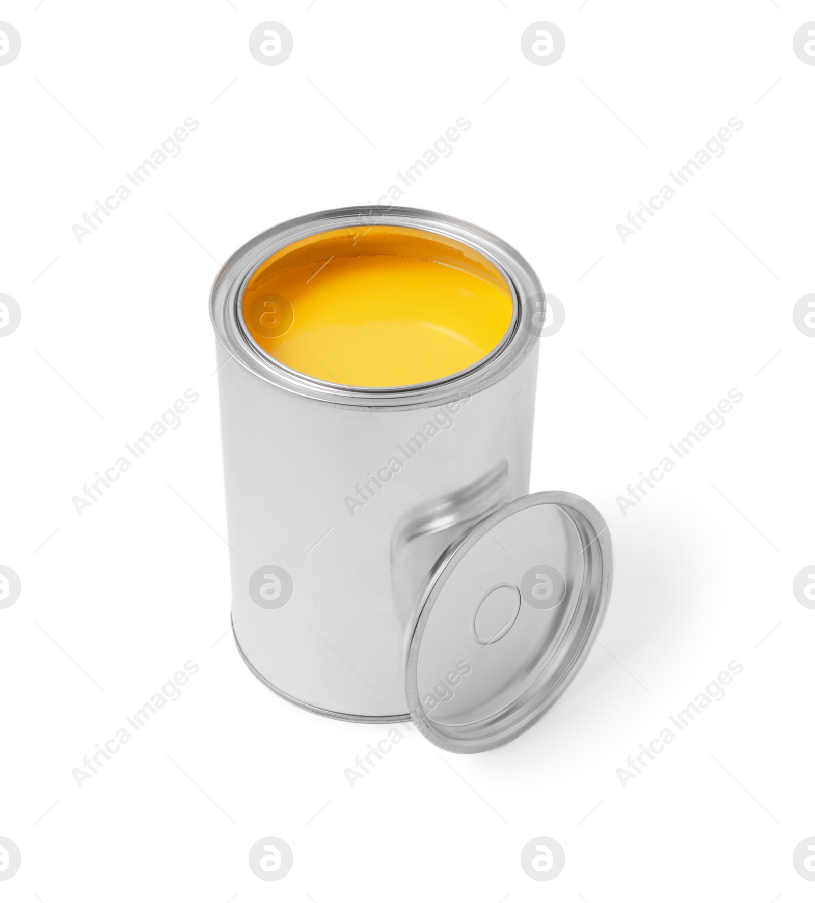 Photo of Can with yellow paint on white background