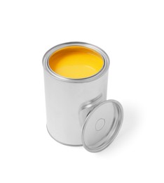 Photo of Can with yellow paint on white background