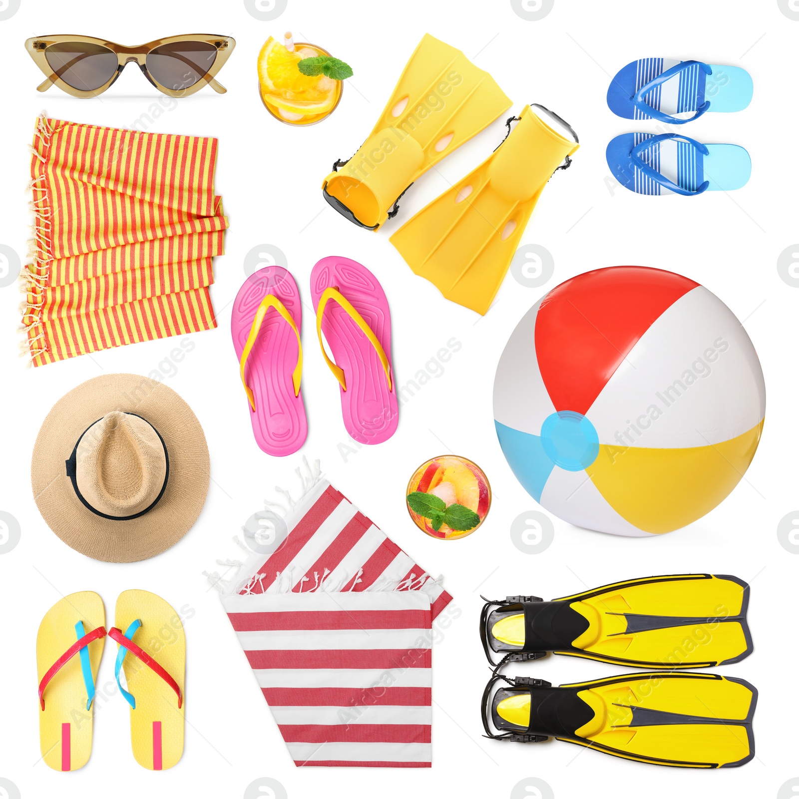 Image of Set with towels and other beach accessories on white background