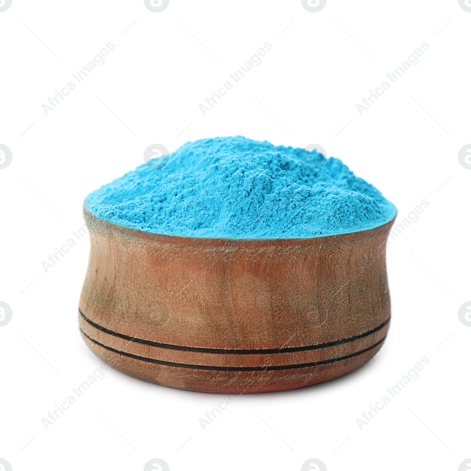 Photo of Light blue powder dye in bowl on white background. Holi festival