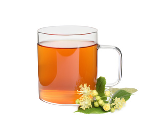 Cup of tea and linden blossom on white background