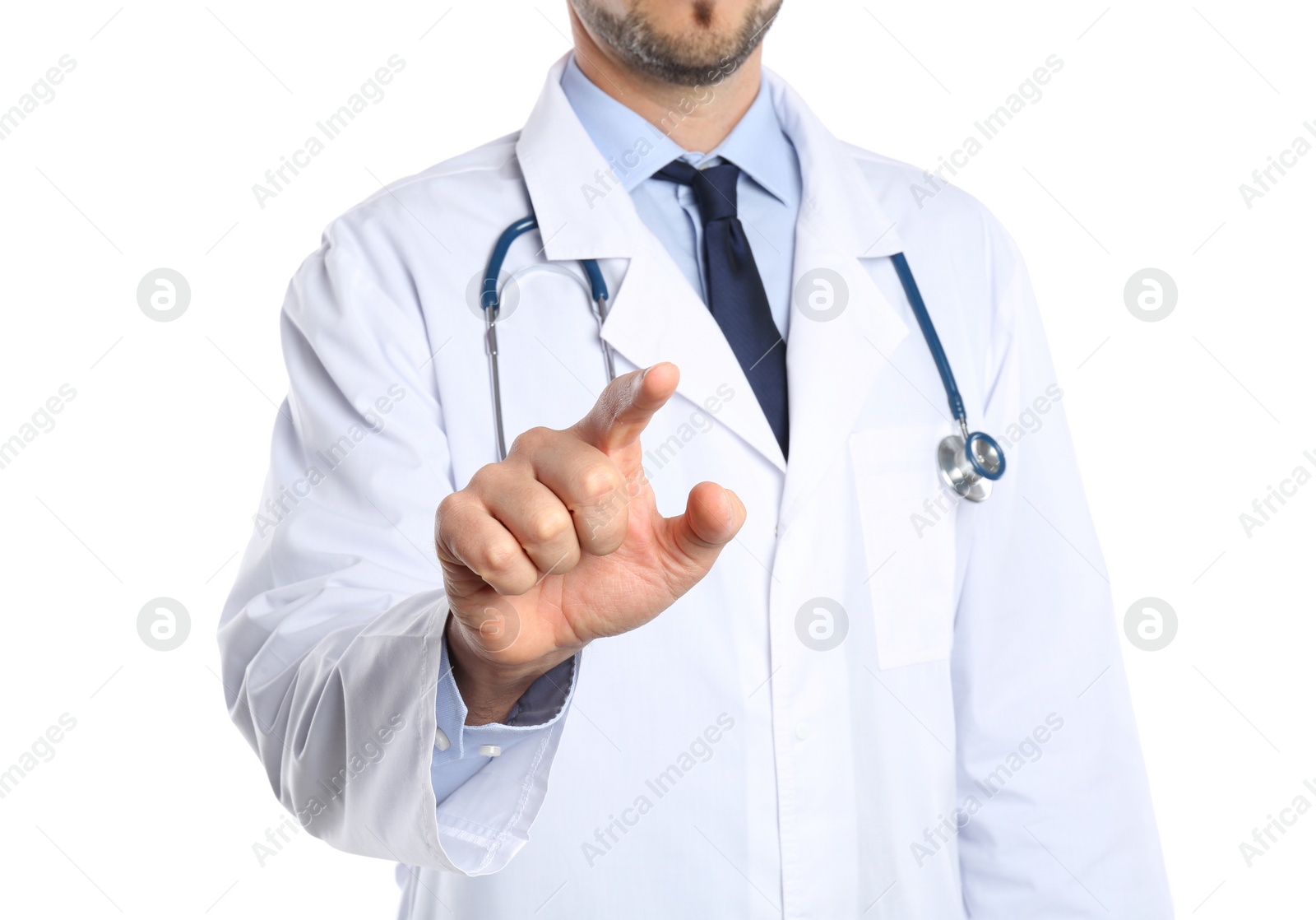 Photo of Male doctor pointing on white background, closeup