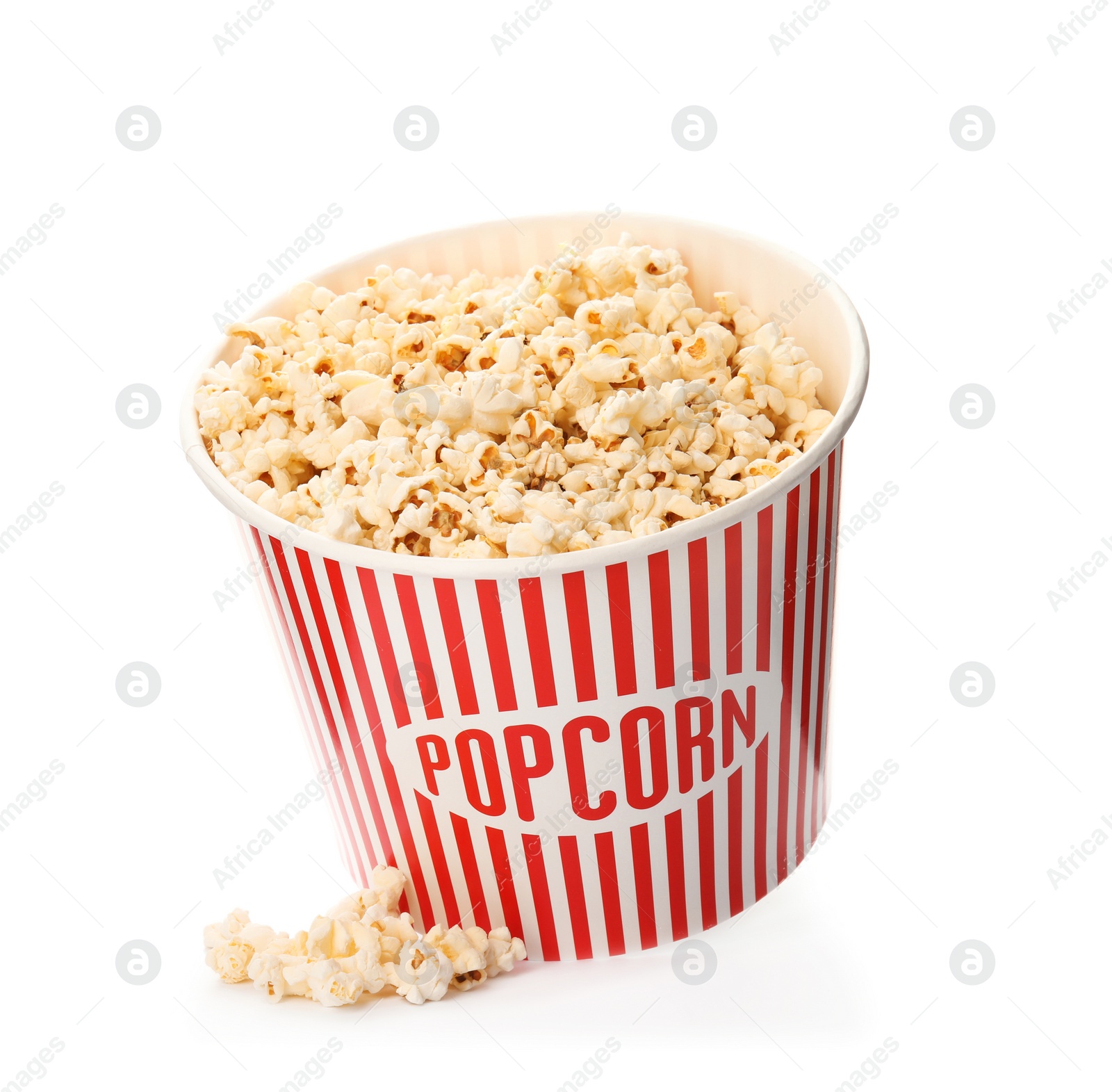 Photo of Paper bucket with of tasty popcorn on white background