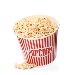 Paper bucket with of tasty popcorn on white background