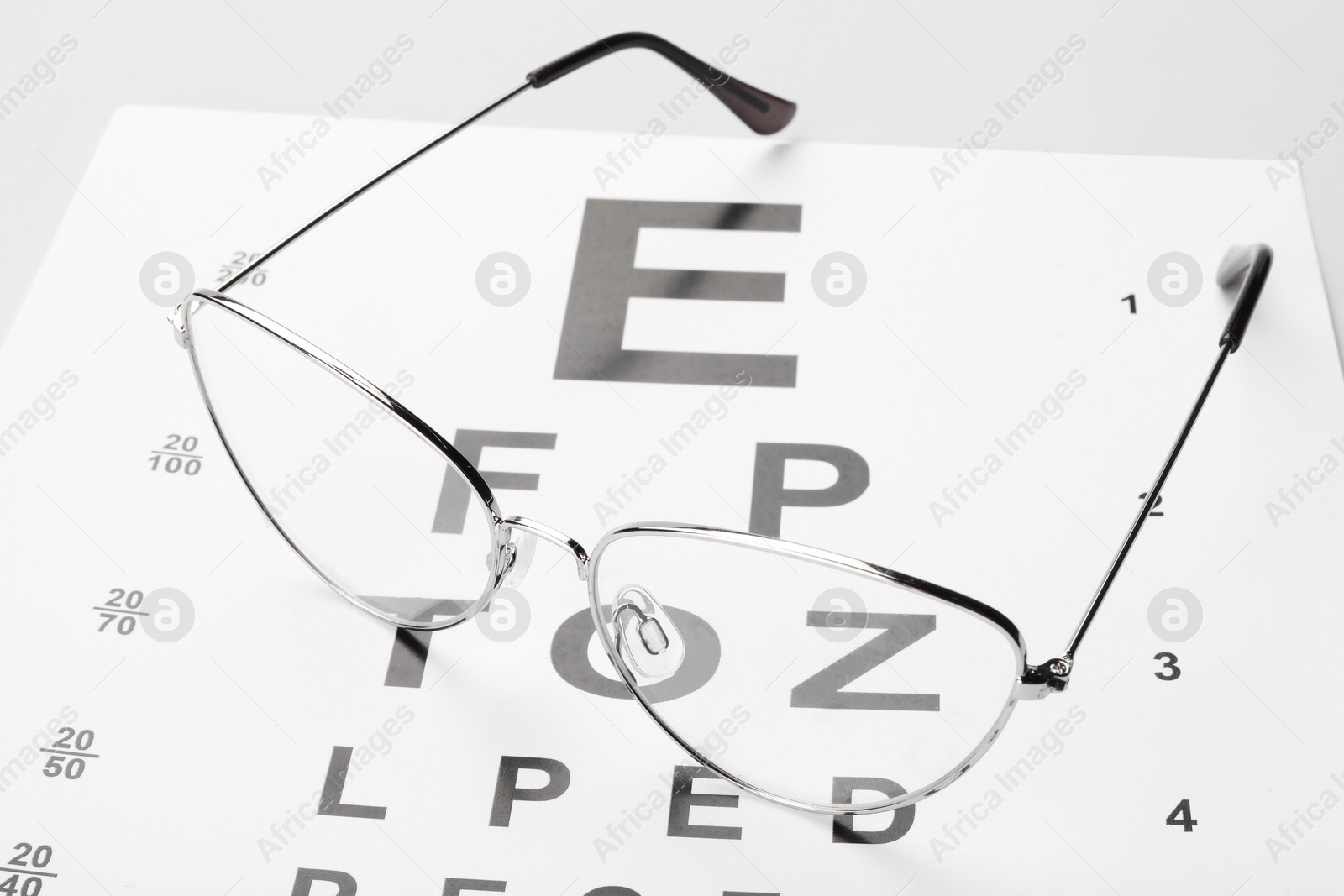 Photo of Glasses on vision test chart, closeup view