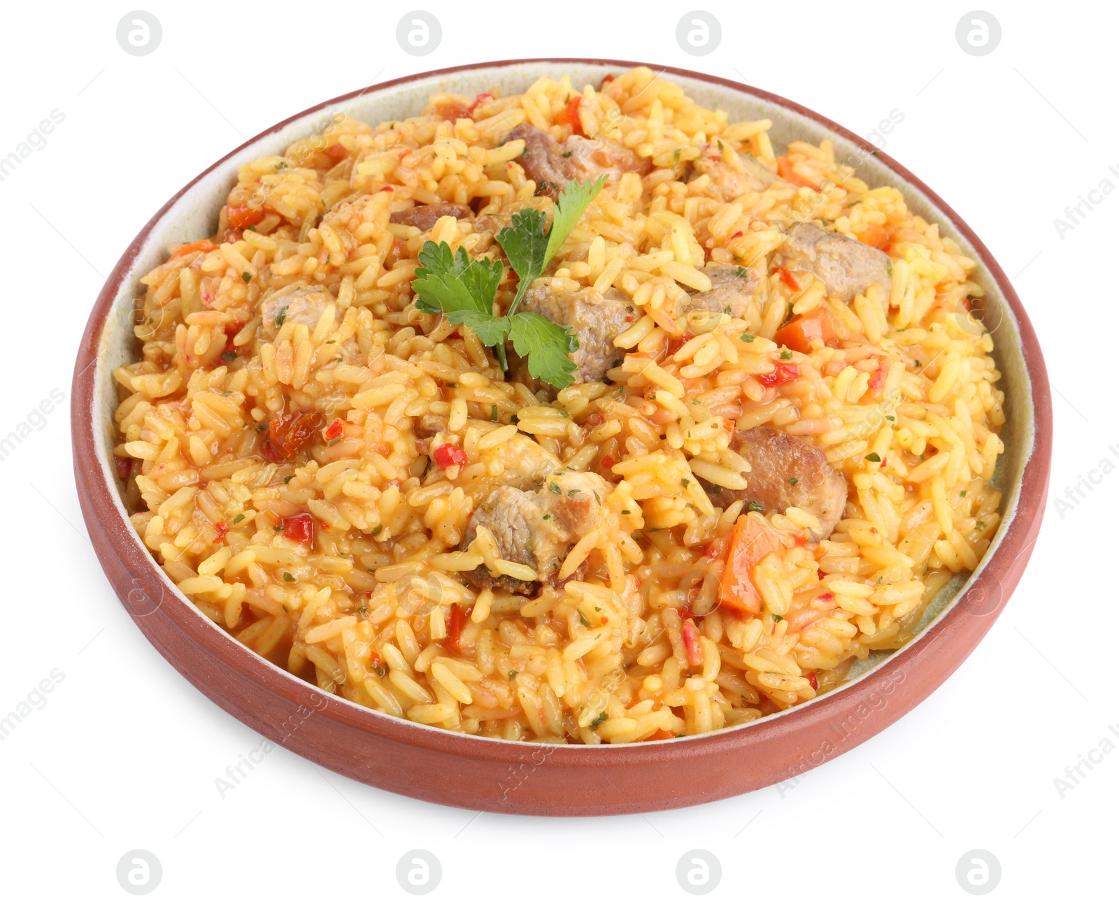 Photo of Delicious pilaf with meat isolated on white