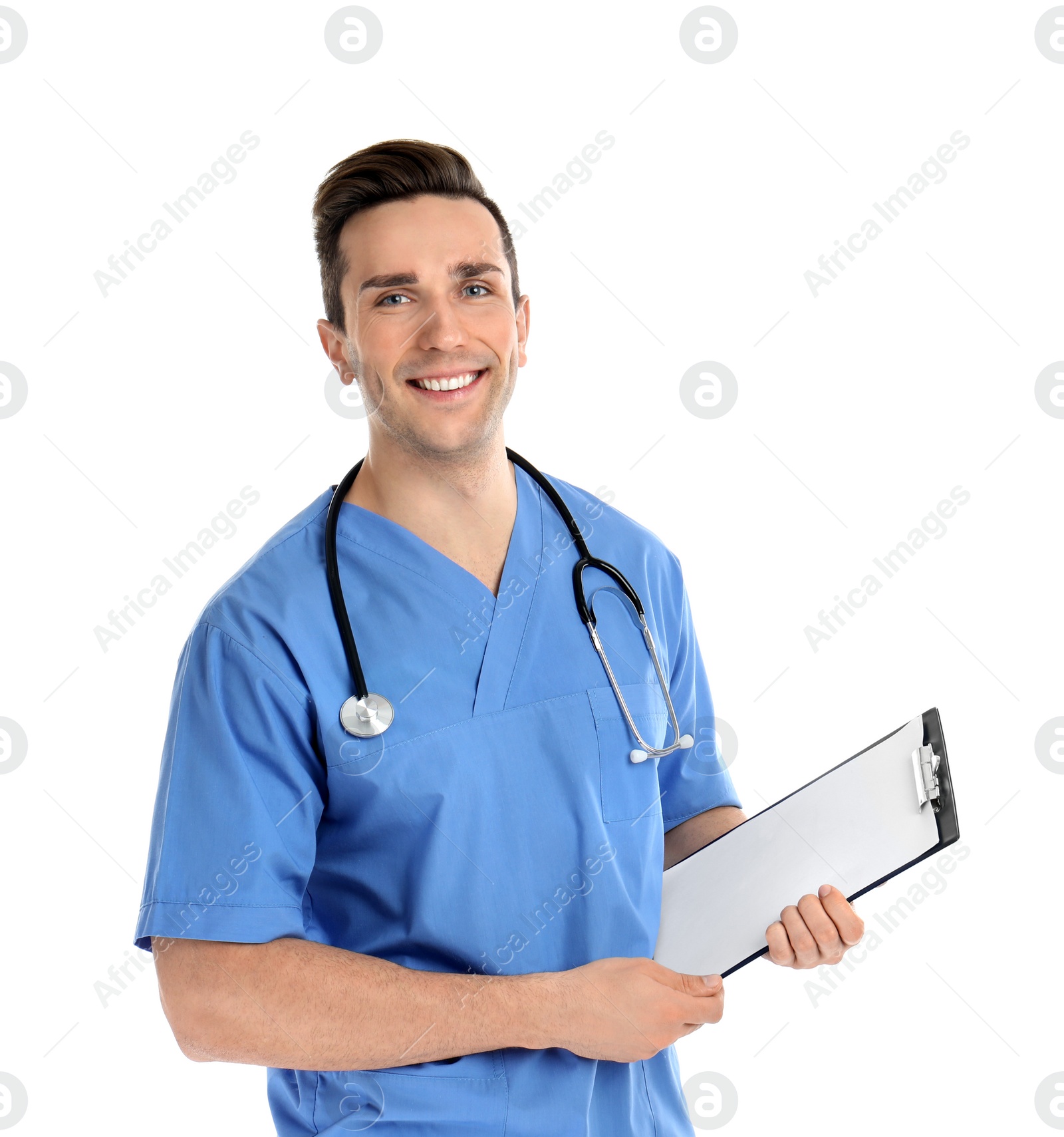 Photo of Portrait of medical assistant with stethoscope and clipboard on white background