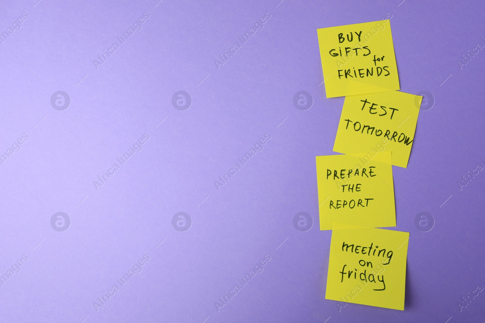 Photo of Many different reminder notes on violet background, flat lay. Space for text