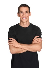 Photo of Portrait of personal trainer on white background. Gym instructor