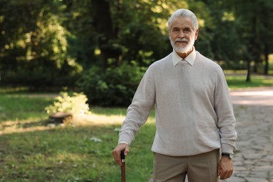 Photo of Senior man with walking cane in park. Space for text