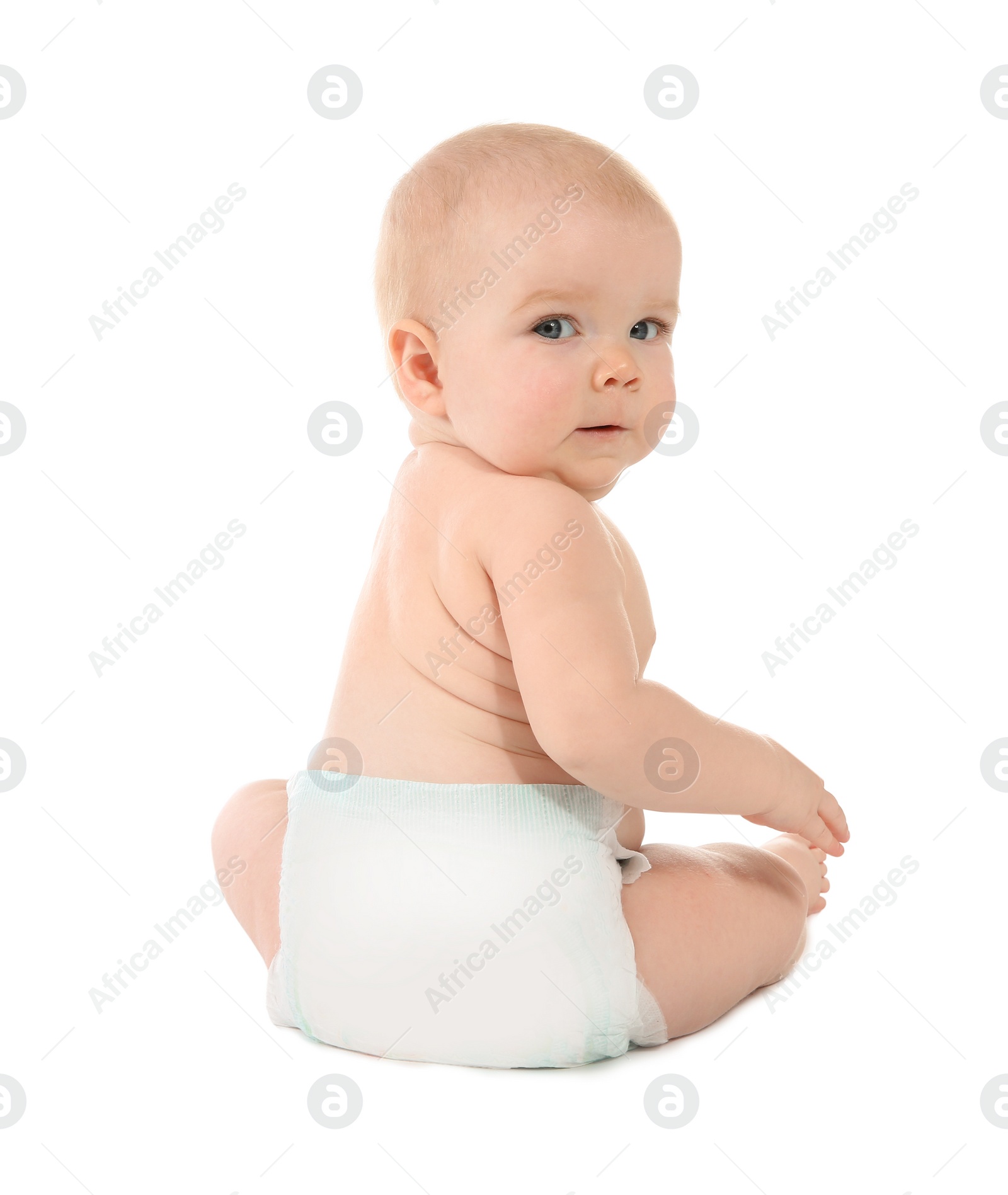 Photo of Cute little baby on white background. Crawling time