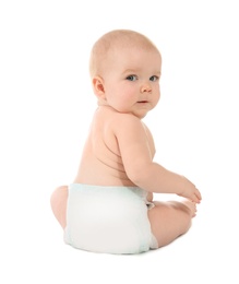 Photo of Cute little baby on white background. Crawling time