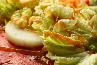 Delicious salad with Chinese cabbage, tomatoes and onion as background, closeup