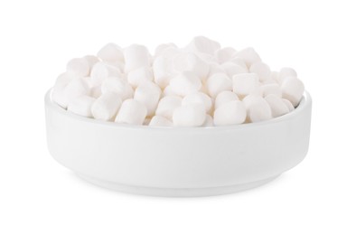 Bowl of delicious puffy marshmallows isolated on white