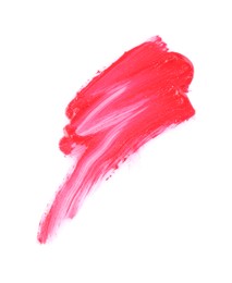 Photo of Stroke of pink lip gloss isolated on white, top view