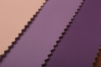 Photo of Different colorful types of leather as background, closeup view