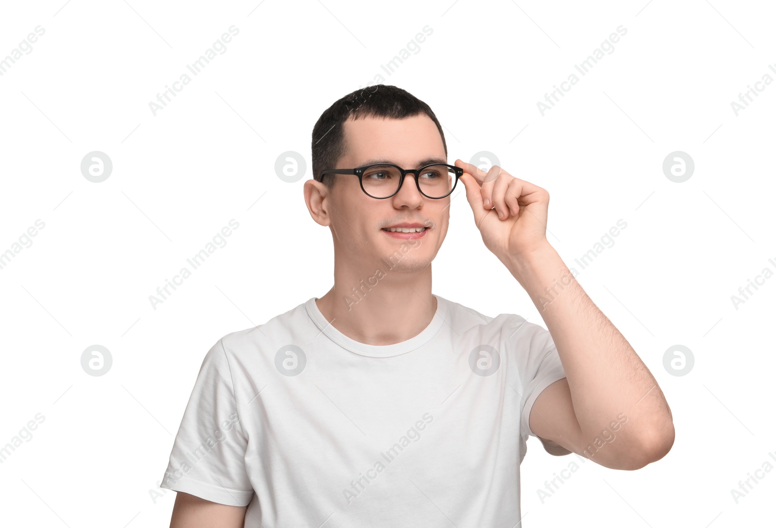 Photo of Young man with glasses on white background