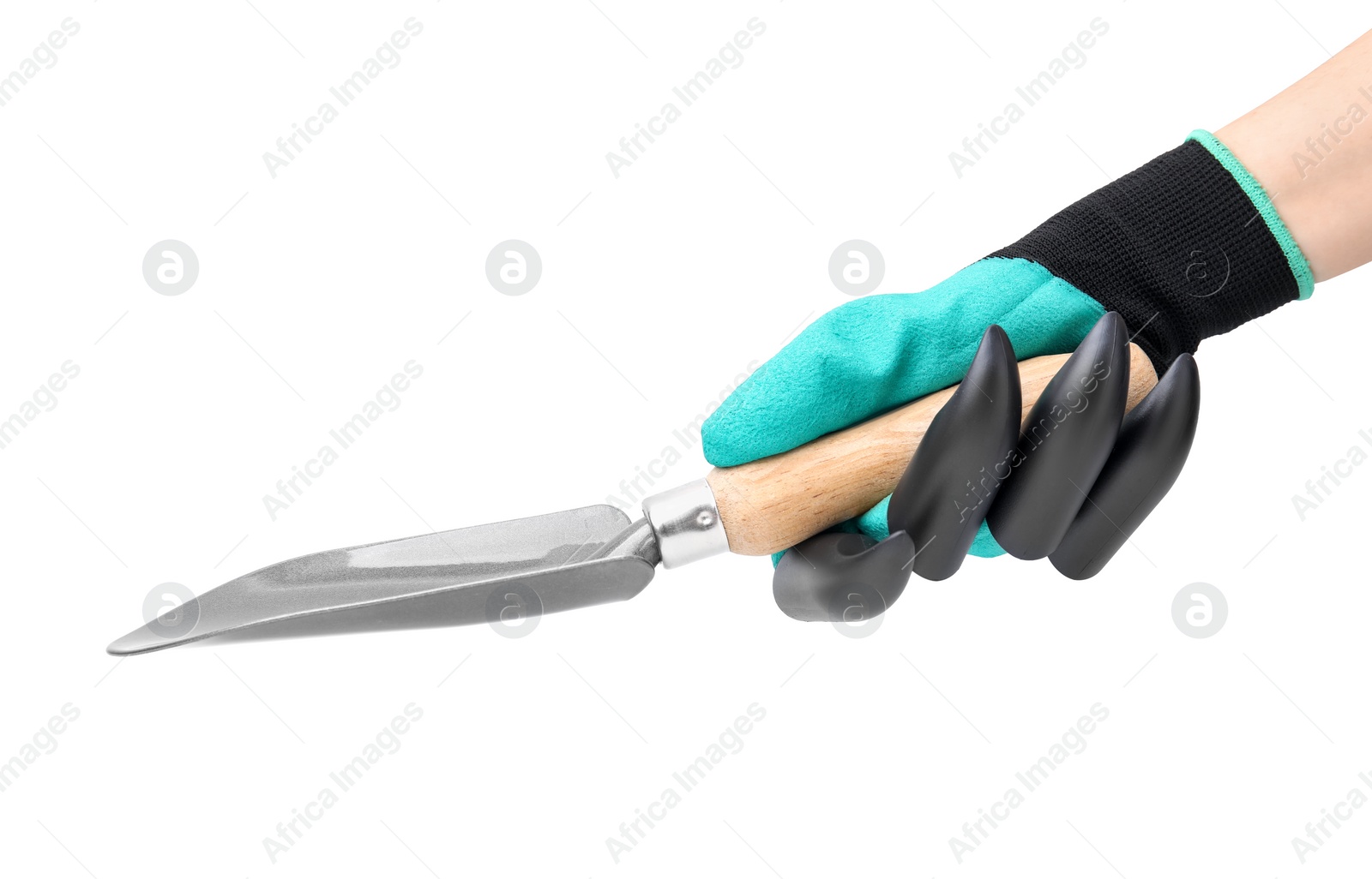 Photo of Woman in claw gardening glove holding trowel on white background, closeup