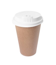 Photo of Paper cup with plastic lid isolated on white. Coffee to go