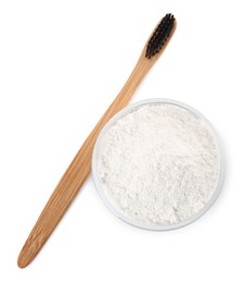 Photo of Bowl of tooth powder and brush on white background, top view