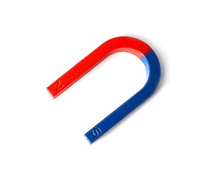 Photo of Red and blue horseshoe magnet isolated on white, top view
