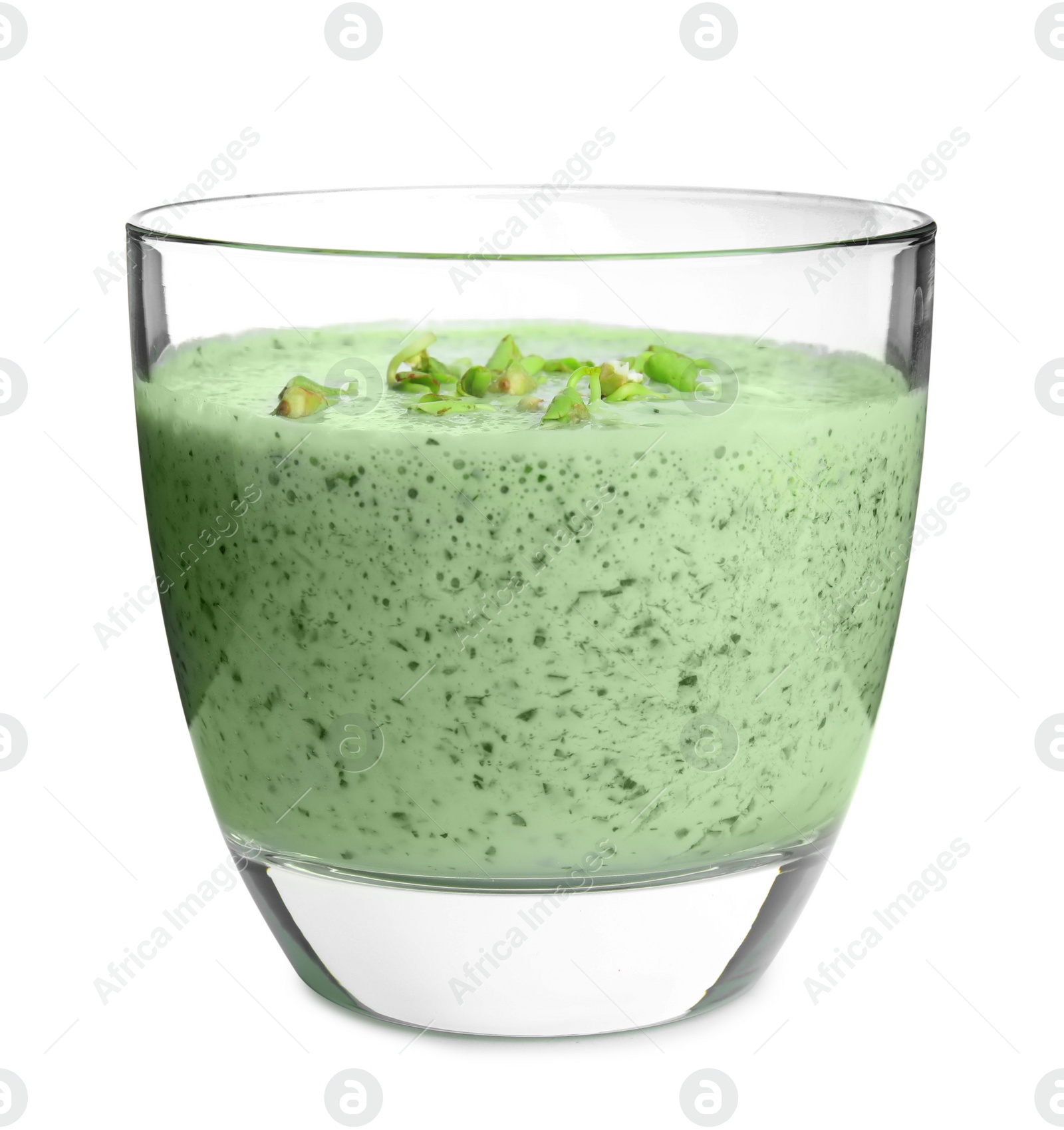 Photo of Glass of green buckwheat smoothie isolated on white