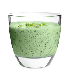 Photo of Glass of green buckwheat smoothie isolated on white