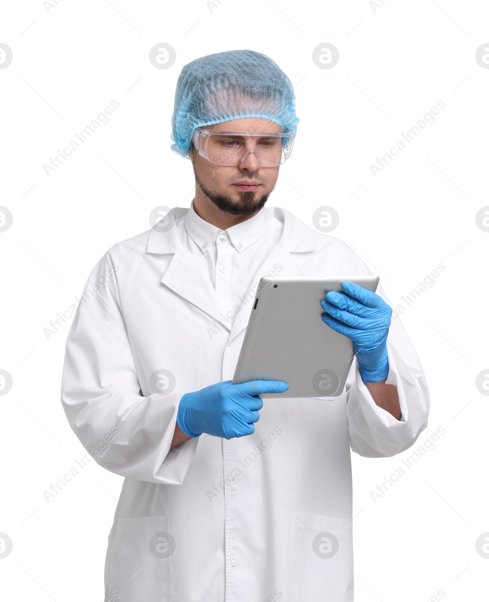 Photo of Quality control. Food inspector with tablet on white background