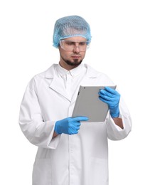 Photo of Quality control. Food inspector with tablet on white background