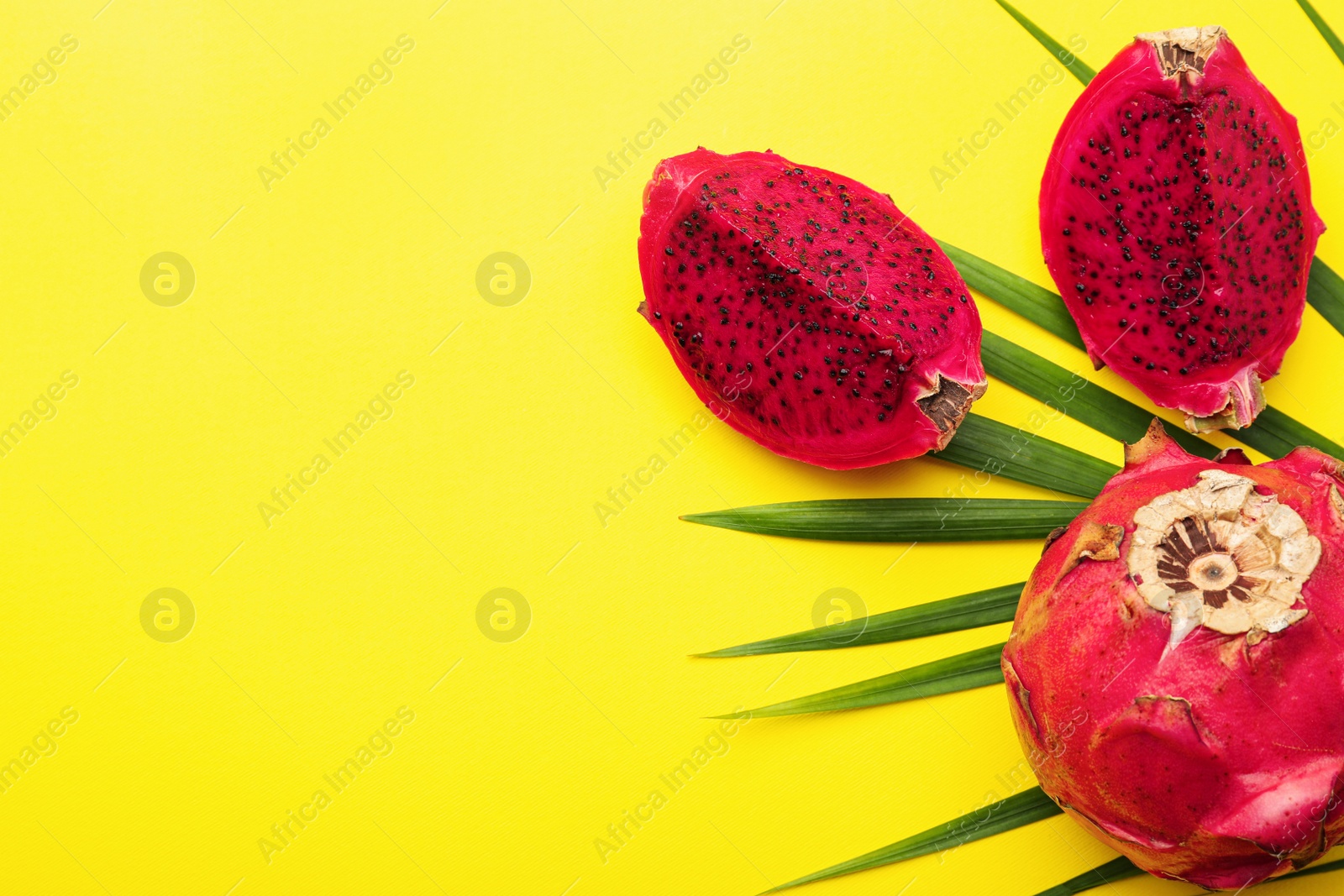Photo of Delicious cut and whole red pitahaya fruits with palm leaf on yellow background, flat lay. Space for text